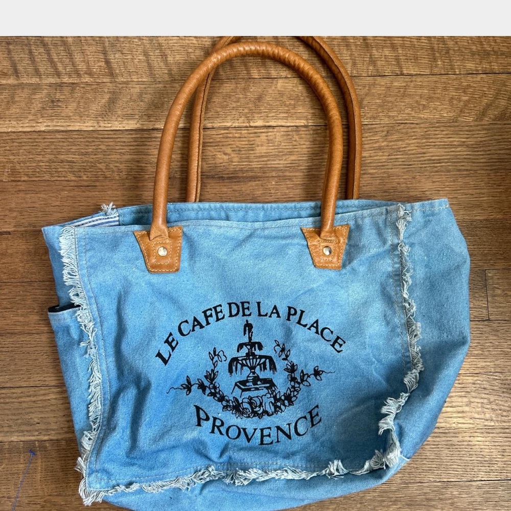 Le Cafe De La Place Provence Blue Denim Tote Bag